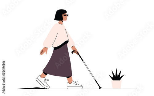 Stylish blind woman walking with white cane and sunglasses, minimalist flat design concept of independence and accessibility
