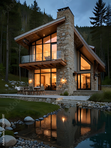 A luxurious house decorated with brown bricks and wood.
