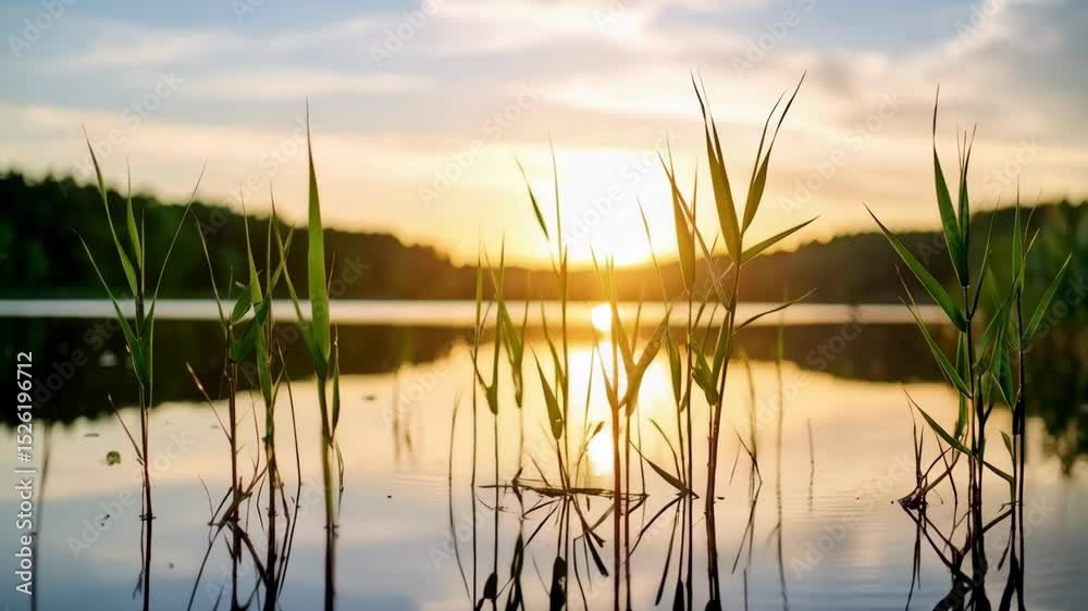 Serene lake scene with reeds and sunset light reflecting in the water, creating a peaceful, tranquil landscape at dusk Serene lake scene with reeds and sunset light reflecting in the water, creating a peaceful, tranquil landscape at dusk