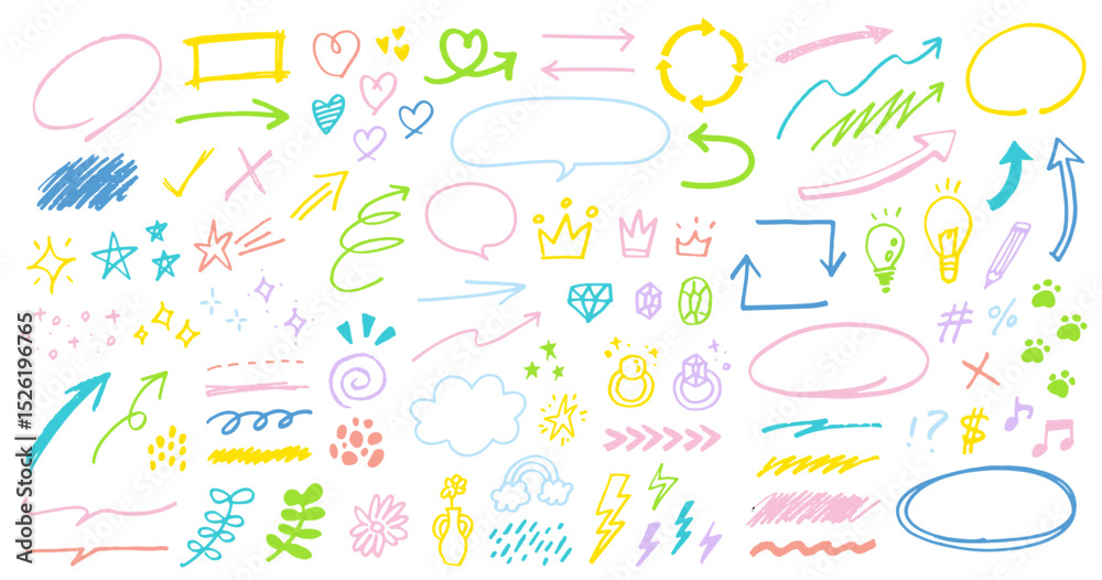 custom made wallpaper toronto digital手描きの装飾セット。ふきだし、矢印、星、ハート、宝石、王冠など。ペンで描いた感情のアイコン。かわいい線画。