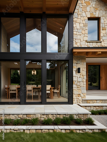 A luxurious house decorated with brown bricks and wood.