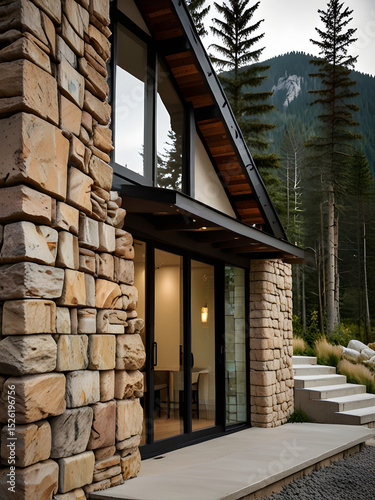 A luxurious house decorated with brown bricks and wood.