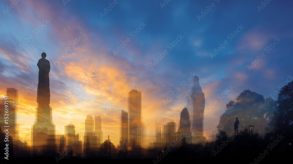 Fototapeta premium Silhouetted Figures and Urban Sky at Sunset