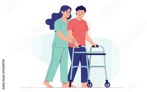 Cartoon caregiver assisting young man with walker during rehabilitation, concept of support and recovery
