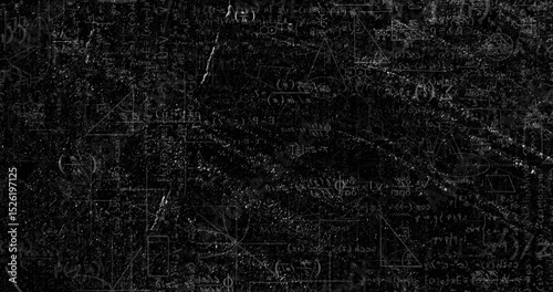 Image of layers of mathematical formulae and moving chalk marks on black chalkboard