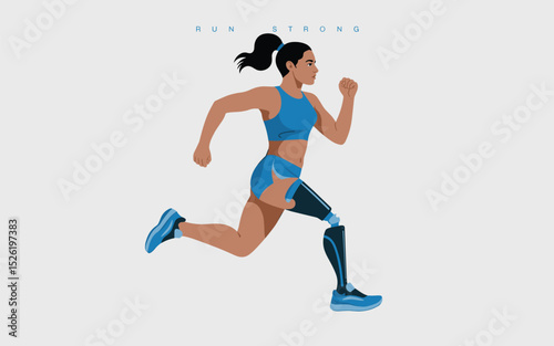 Determined female athlete with prosthetic leg running in sportswear, symbol of strength and empowerment
