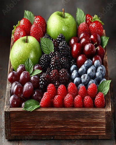 Colorful fruit selection in wooden container high resolution image