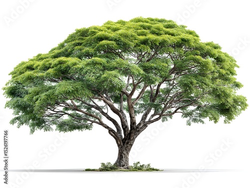 A majestic green rain tree with a large crown and strong branches stands against a bright white background.