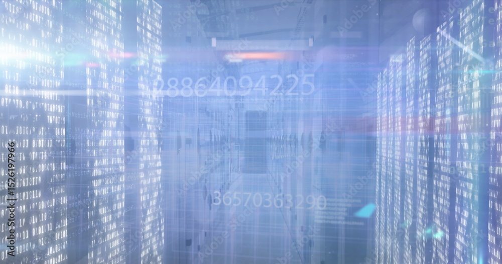 Fototapeta premium Image of light spots and data processing over computer servers