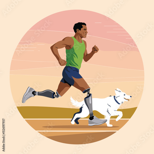 Athletic man with prosthetic legs running with dog at sunset, symbol of strength and resilience
