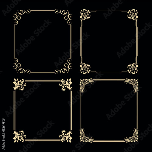 Set of decorative frames Elegant vector element for design in Eastern style, place for text. Floral black and golden borders. Lace illustration for invitations and greeting cards