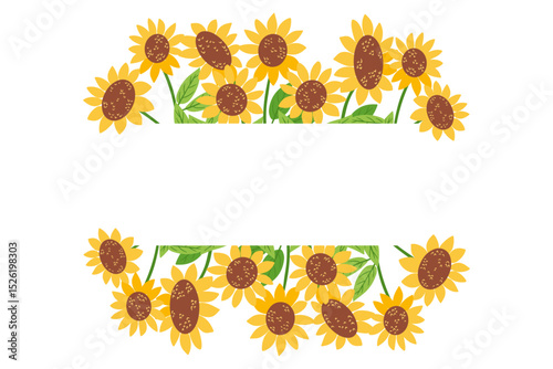 Floral sunflower banner with vibrant yellow blossoms framing a central blank space. Symbolizes summer warmth, happiness and botanical elegance in cheerful design