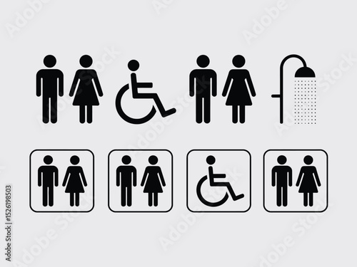 Black Silhouette Pictograms with Man, Woman, Handicap Symbol & Shower on White