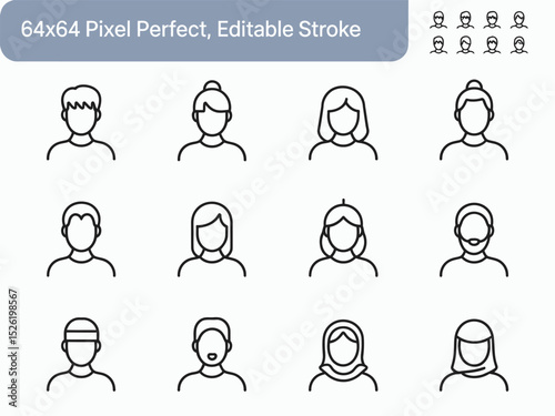 Diverse Faces Icon Set Male & Female Line Art Portraits on Transparent Background