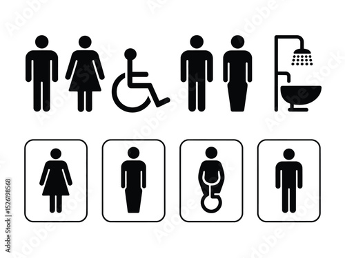 Diverse Restroom Signage with Male, Female, Disabled and Shower in Black Color
