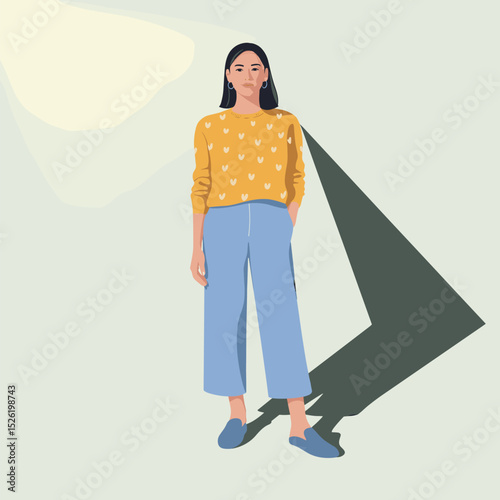 Confident woman with one arm wearing heart-patterned sweater and wide-leg pants, cartoon illustration celebrating individuality and disability inclusion
