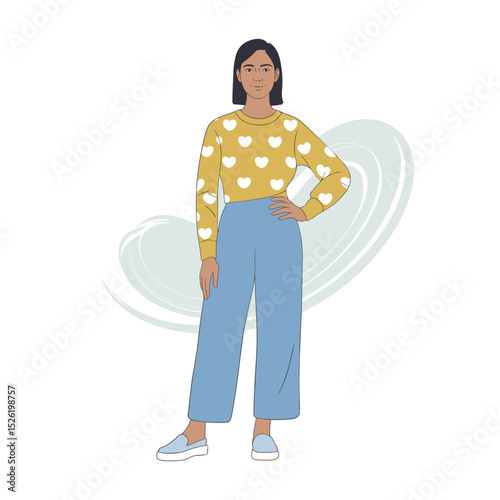 Confident woman with one arm wearing heart-patterned sweater and wide-leg pants, cartoon illustration celebrating individuality and disability inclusion
