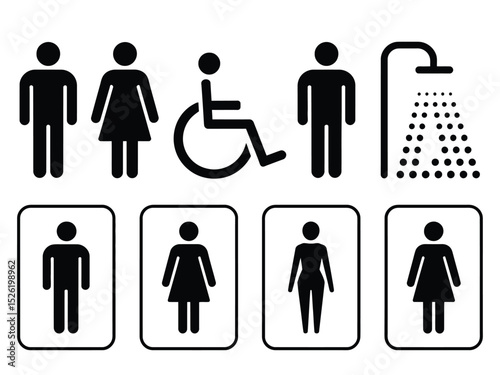 Restroom Signage Icons Set Featuring Male, Female, Handicap, Shower, on Transparent