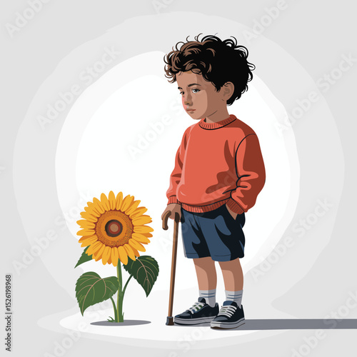 Smiling young boy with prosthetic leg and crutch standing proudly beside sunflower, inspirational cartoon illustration promoting disability inclusion and confidence
