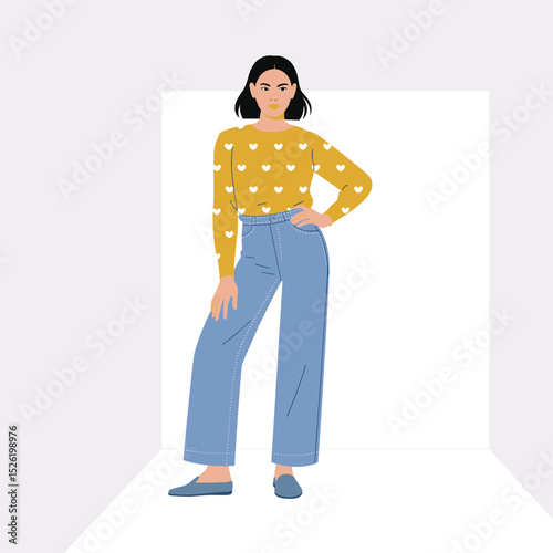Confident woman with one arm wearing heart-patterned sweater and wide-leg pants, cartoon illustration celebrating individuality and disability inclusion
