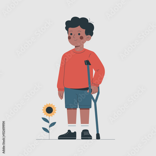Smiling young boy with prosthetic leg and crutch standing proudly beside sunflower, inspirational cartoon illustration promoting disability inclusion and confidence
