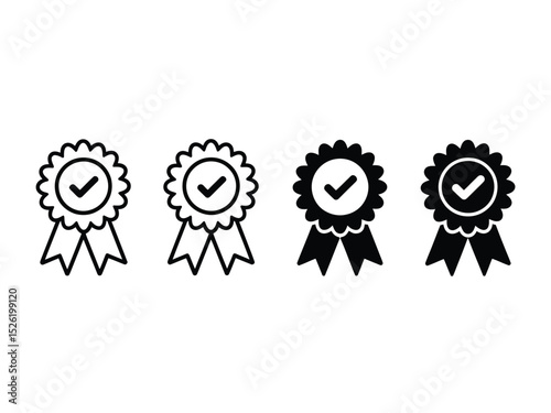 Set of Four Badges with Checkmarks, Outline Style, Transparent Background