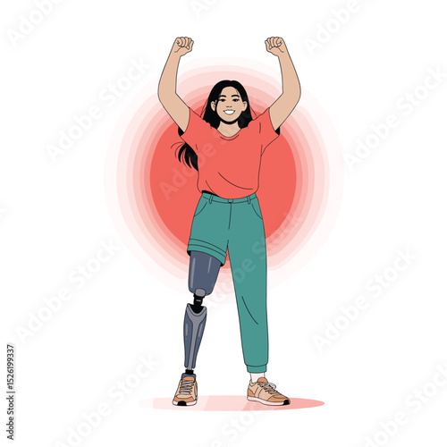 Confident young woman with prosthetic leg raising arms in victory pose, symbol of empowerment and resilience
