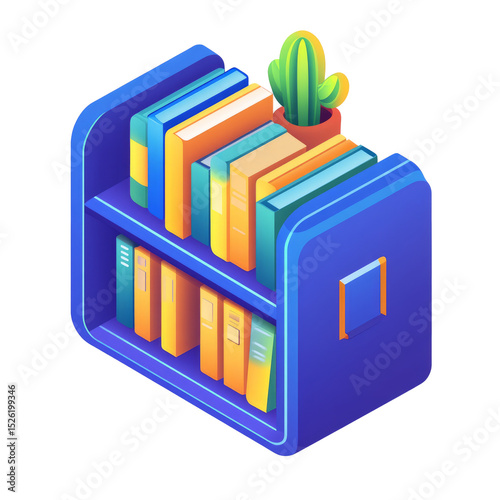 Isometric Bookshelf with Books and Cactus