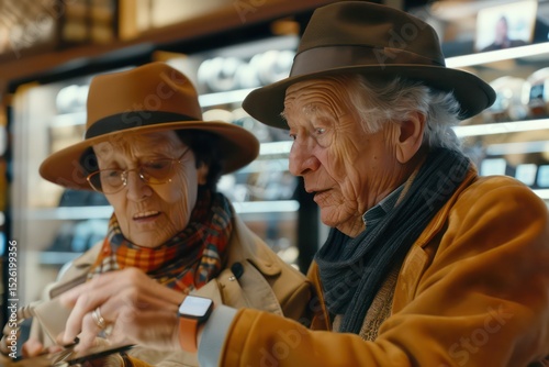 A couple in their 70s, dressed in stylish outfits, playfully argue over which smartwatch best suits them in a high-end tech store.  photo