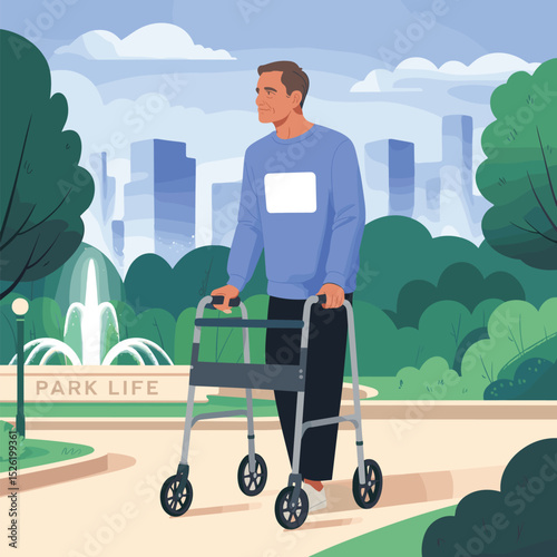 Elderly man with walker enjoying a peaceful walk in city park near fountain on sunny day
