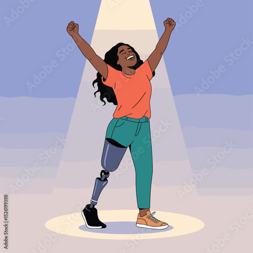 Confident young woman with prosthetic leg raising arms in victory pose, symbol of empowerment and resilience
