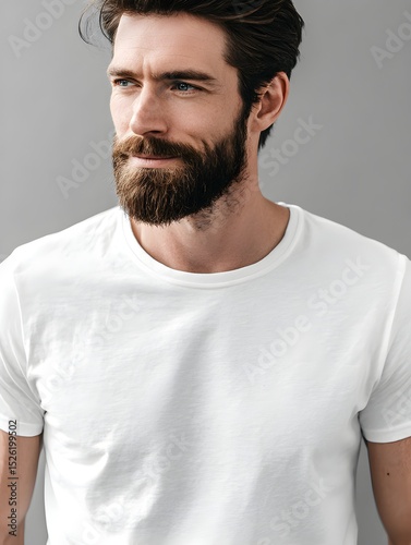 Handsome bearded man in a white t-shirt looks confidently to the side against a neutral grey background today.