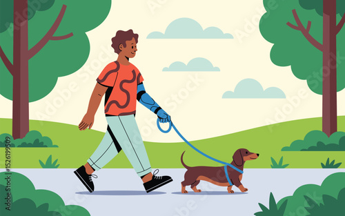 Cartoon man with prosthetic arm walking dachshund dog in park on sunny day

