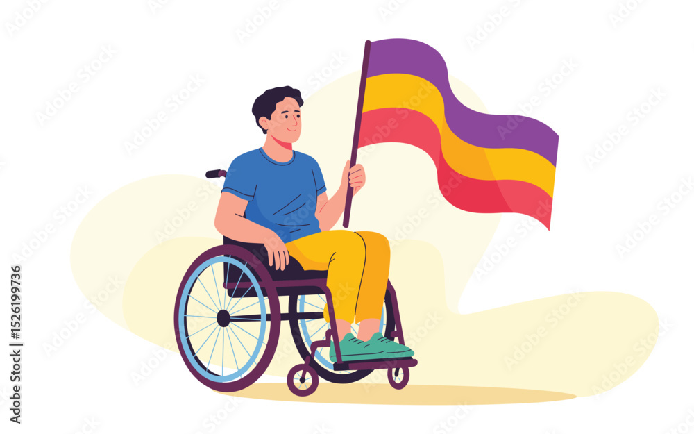 Fototapeta premium Proud cartoon man in wheelchair holding rainbow LGBTQ+ flag, symbol of inclusion and diversity 