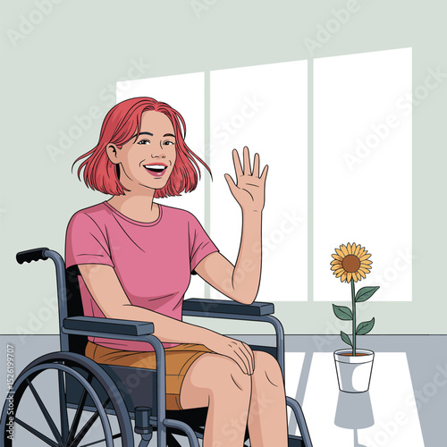 Smiling young woman with red hair in wheelchair waving near sunny window and potted sunflower
