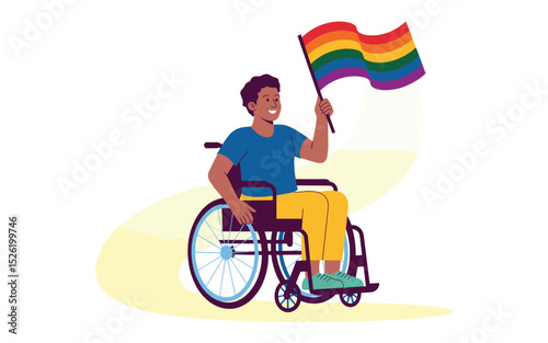 Proud cartoon man in wheelchair holding rainbow LGBTQ+ flag, symbol of inclusion and diversity
