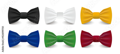 3D Realistic Bow Tie Set, Black, White, Yellow, Red, Blue, Green, Silk Glossy Bowtie, Gentleman, Male, Man and Boy Accessory, Fashion Design Template. Vector.