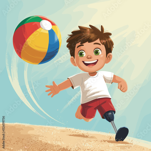 Happy cartoon boy with prosthetic leg playing with beach ball on sunny seaside with seashells
