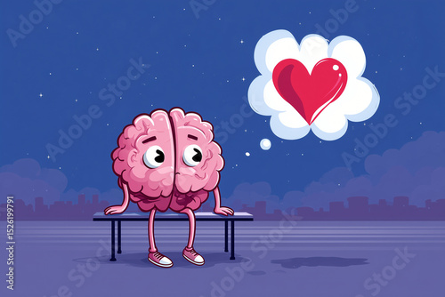 A brain with legs, hands, eyes, nose, and mouth, sitting with a disgusted expression on its face, looking at a nearby heart that appears to be feeling in love and optimistic about the future.