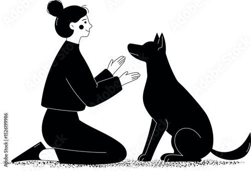 Woman dog handler teaching a dog to sit, a minimalist flat silhouette black and white vector illustration showing communication and training