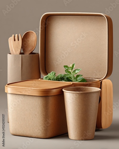 Compostable packaging holding healthy lunch items high resolution image