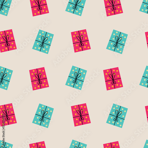 Colorful Gift Boxes Seamless Pattern Vector Illustration. Ideal for festive designs, wrapping papers, and holiday themes.