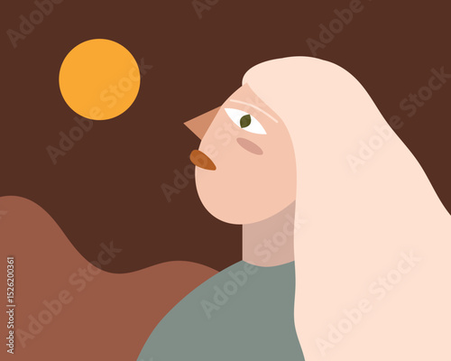 Minimalist vector illustration featuring an abstract portrait with geometric shapes and a circular sun. The image captures simplicity with a neutral color palette and bold design elements.