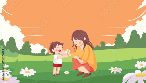 Vector illustration of a joyful Mother's Day celebration. A mother lovingly holds her son, surrounded by colorful flowers. Warm and cheerful design
