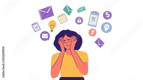 Animated Illustration of Stressed Woman Overwhelmed by Notifications and Tasks 