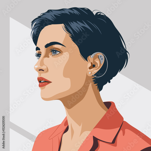 Side profile of young person with short hair wearing a hearing aid, modern cartoon illustration promoting hearing accessibility and inclusion
