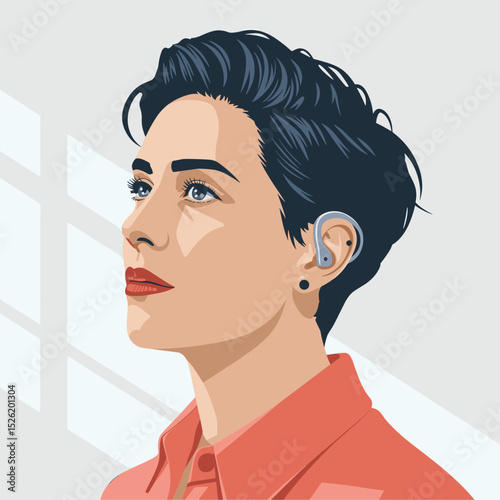 Side profile of young person with short hair wearing a hearing aid, modern cartoon illustration promoting hearing accessibility and inclusion
