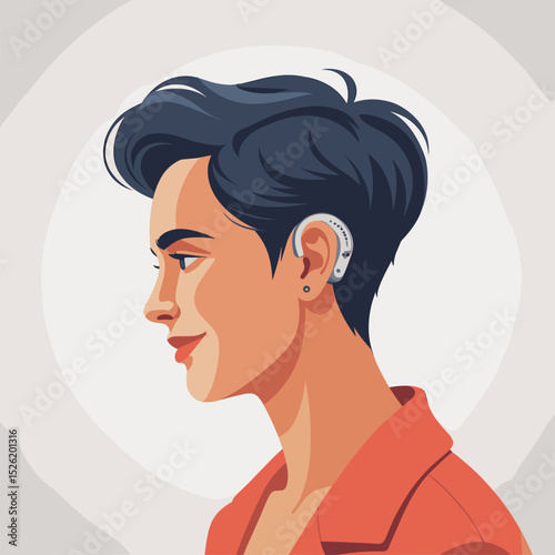 Side profile of young person with short hair wearing a hearing aid, modern cartoon illustration promoting hearing accessibility and inclusion
