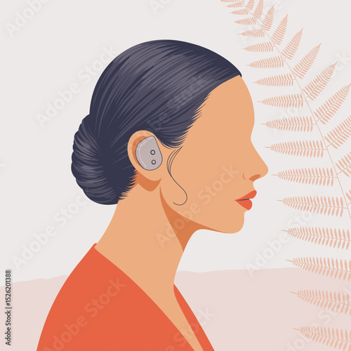 Side profile of young person with short hair wearing a hearing aid, modern cartoon illustration promoting hearing accessibility and inclusion
