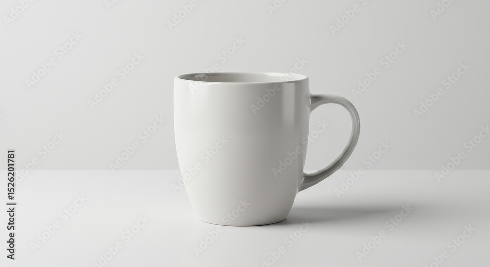 Fototapeta premium A simple, plain, white ceramic mug sits on a white surface.